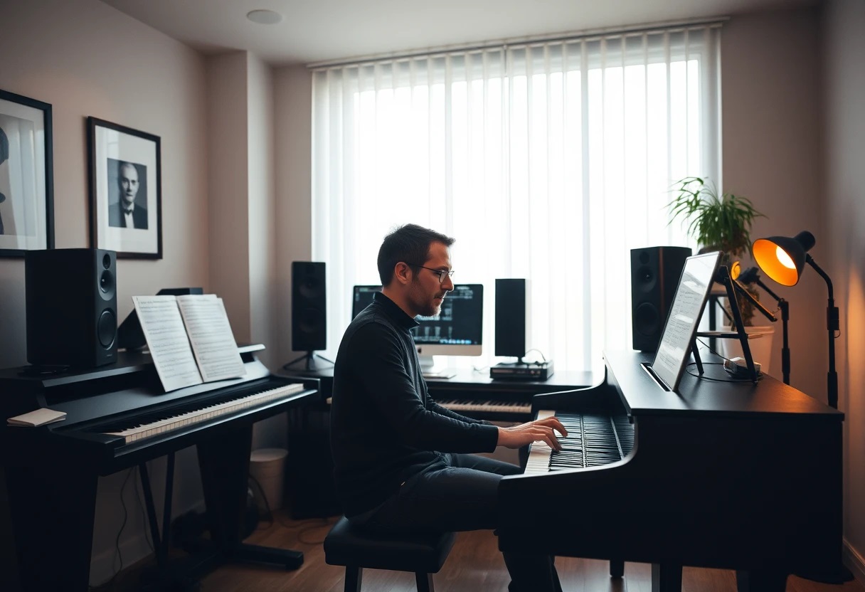 Compositor trabajando en un estudio moderno con piano y computadora, iluminación cálida